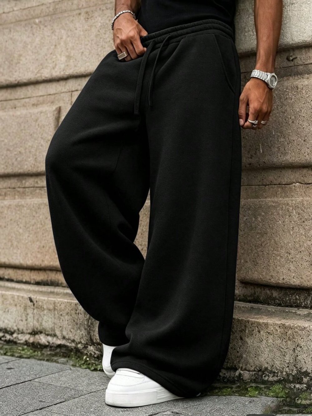 Black Sports Men's Loose Fit Drawstring Track Pants